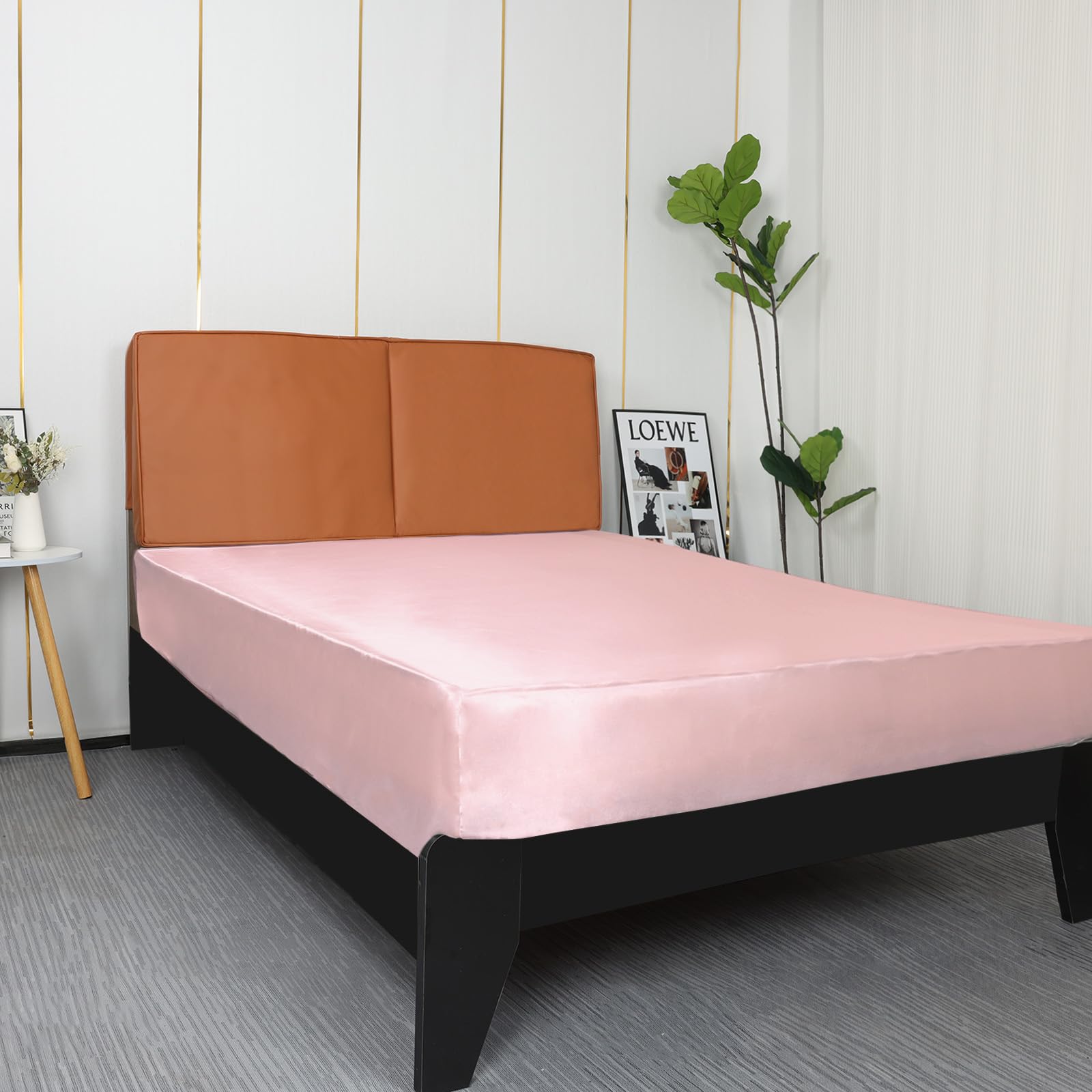 Sábana bajera de satén, lujosa ropa de cama de poliéster suave y sedoso con bolsillo profundo, funda de colchón, individual XL, rosa claro 6