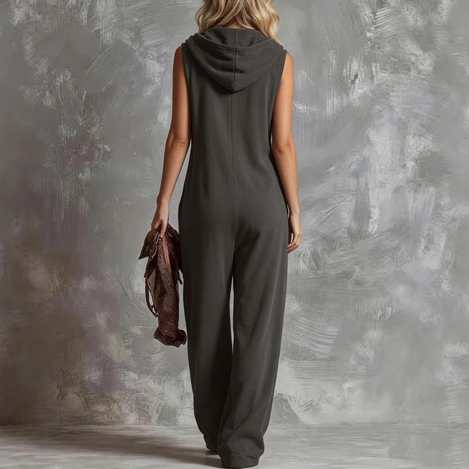 Jumpsuit Damen Sommer Lang Jogginganzug mit Kapuze Overall mit Reißverschluss Einteiler Elegant Leicht Freizeitanzug V Ausschnitt Romper Ärmellos Baggy Playsuit Sport Onesie Frauen Weites Bein