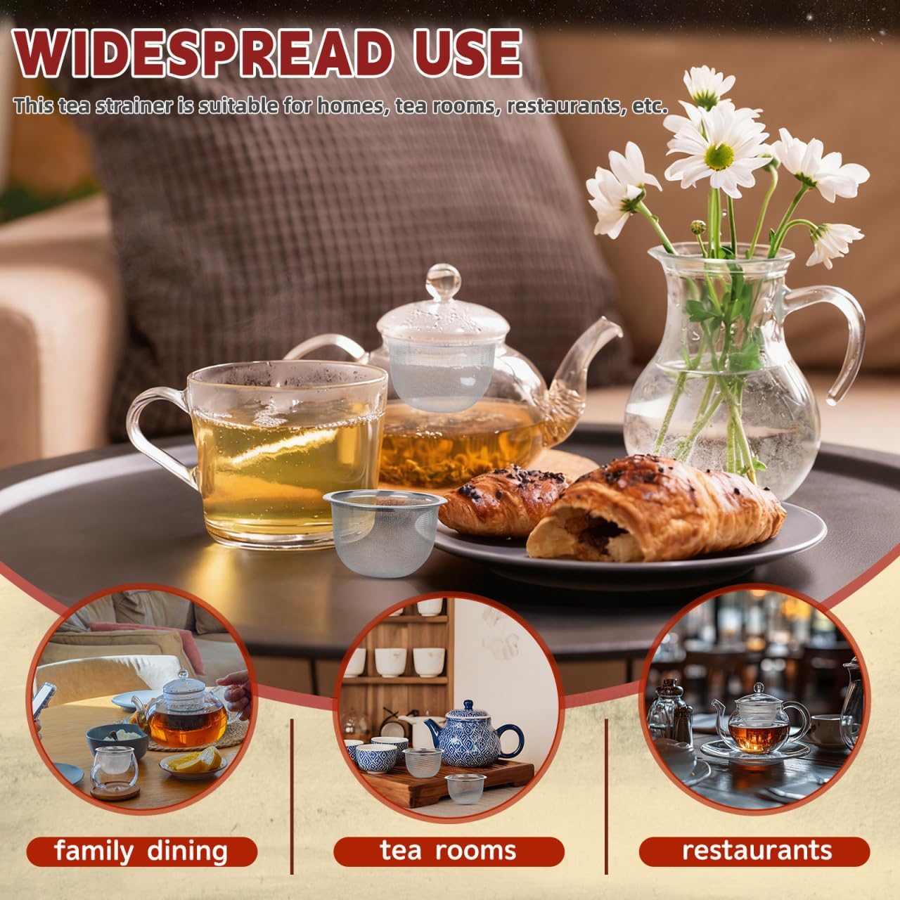 HOMSFOU 4 Pcs Tea Infuser, Stainless Steel Tea Filter, Extra Fine Mesh Loose Leaf Strainer, Large Heat Proof Reusable Teapot for Teapots, Mugs, Cups