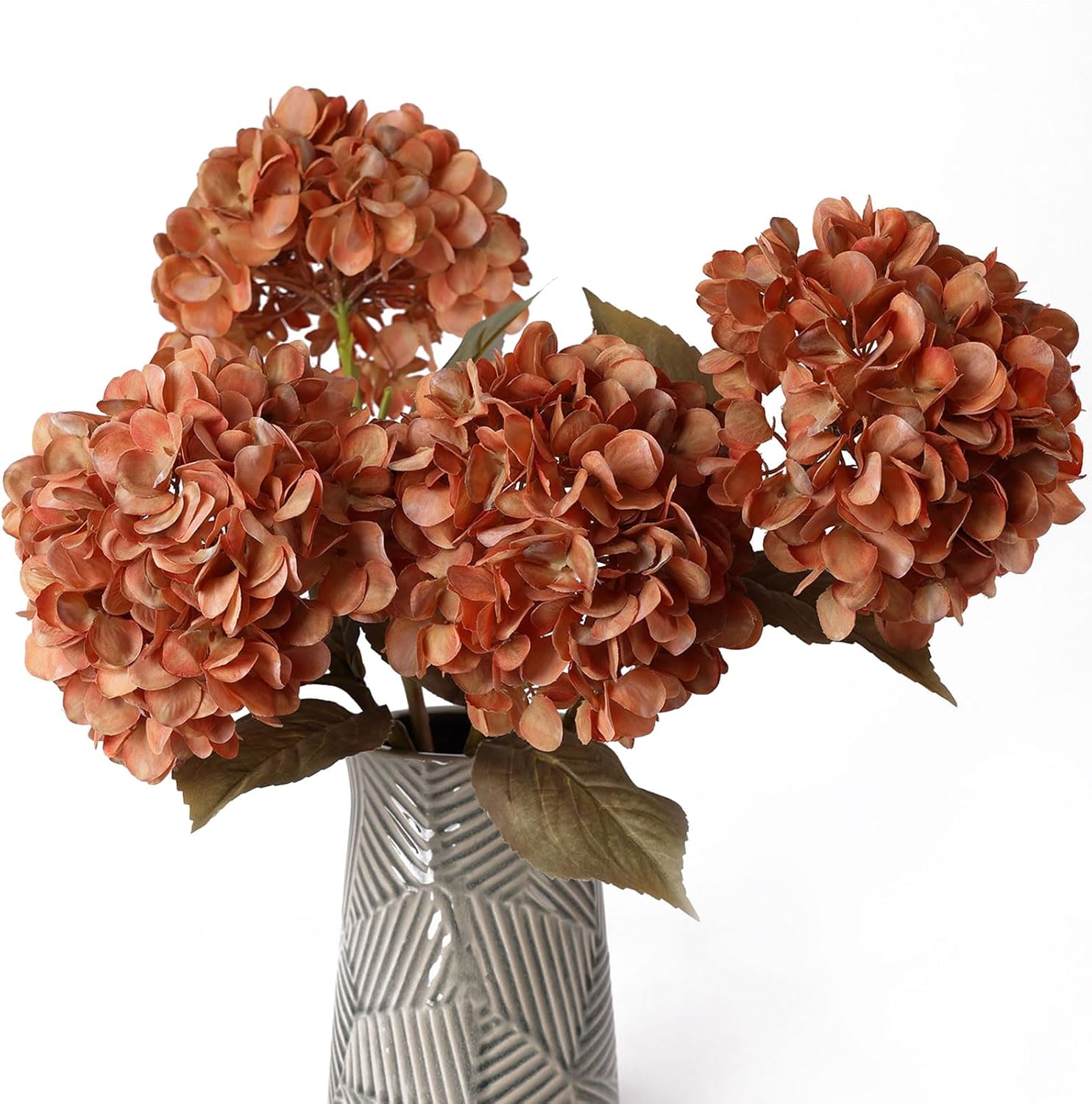 mizii 4Pcs Burnt Orange Artificial Hydrangeas Flowers Large Fake Silk Hydrangea Flower with Stems Realistic Faux Hydrangea Decorations for Wedding Table Centerpieces Vase Home Decor (Burnt Orange)