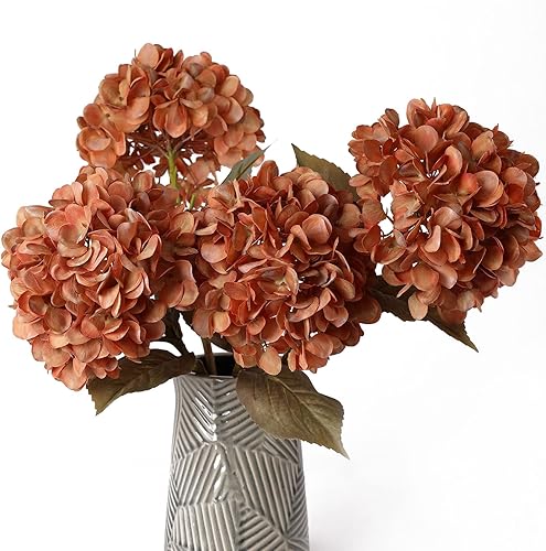 mizii 4 piezas de hortensias artificiales naranja quemado grandes, flores de hortensia de seda falsa realistas con tallos, decoraciones de hortensia