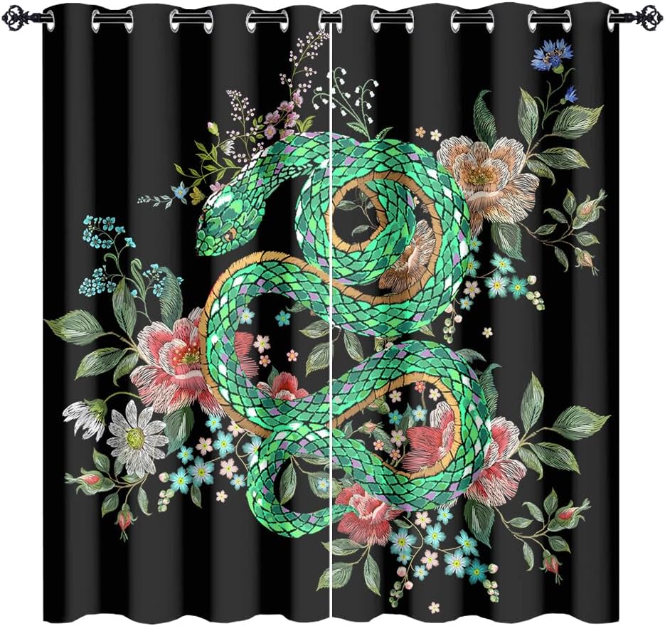Abstract Forest Wildlife Snake Curtains,Rustic Gothic Spring Tropical Floral Daisy Animal Snake Grommet Drape for Home 2 Panels,Each 20" W x45 L（Decor）