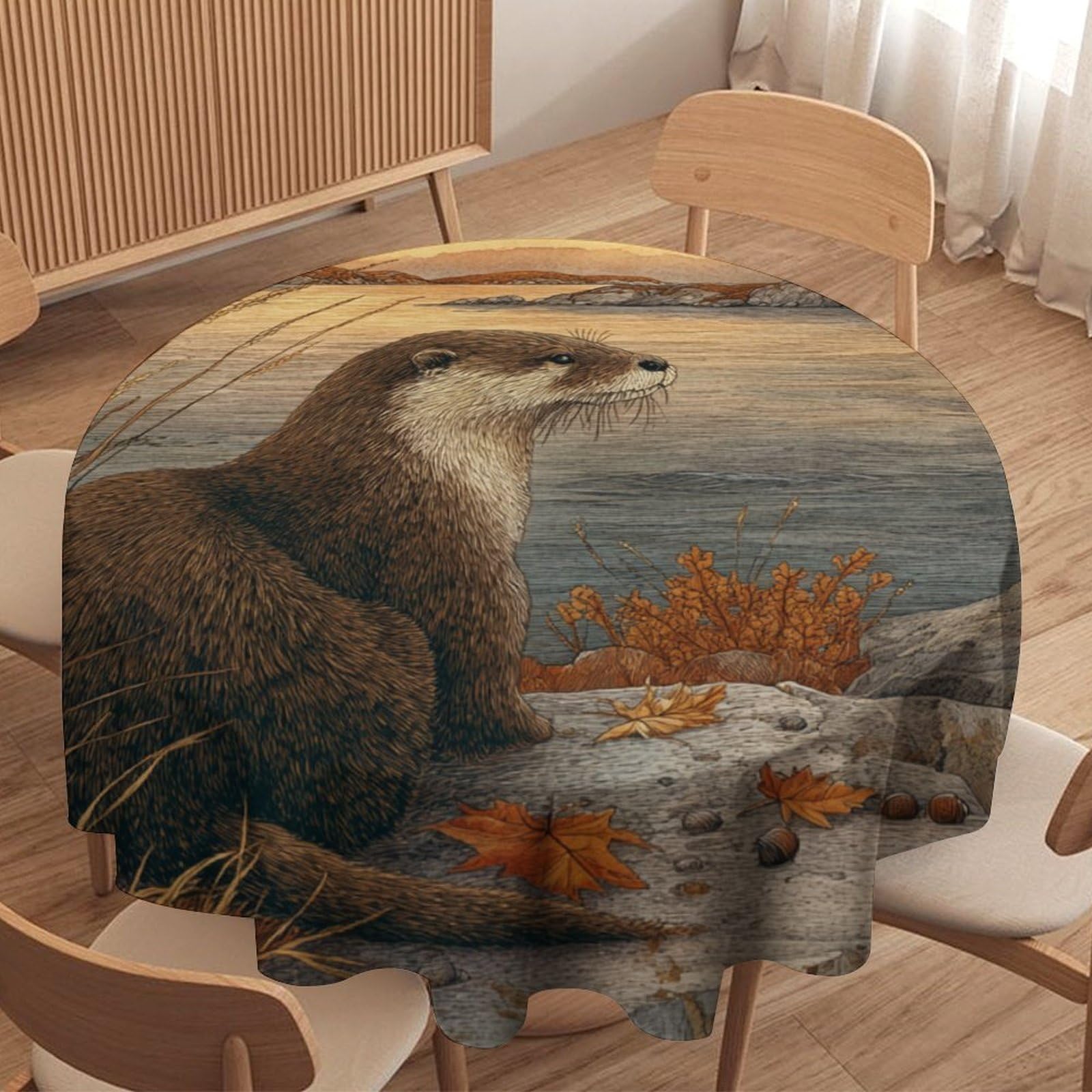 LUYYSKY Vintage Abstract Otters Round Tablecloth Classic Aesthetic Autumn Lanscape Maple Leaves Animals Otters Print Washable Decor for Table Cover for Kitchen-36 Wx36 L