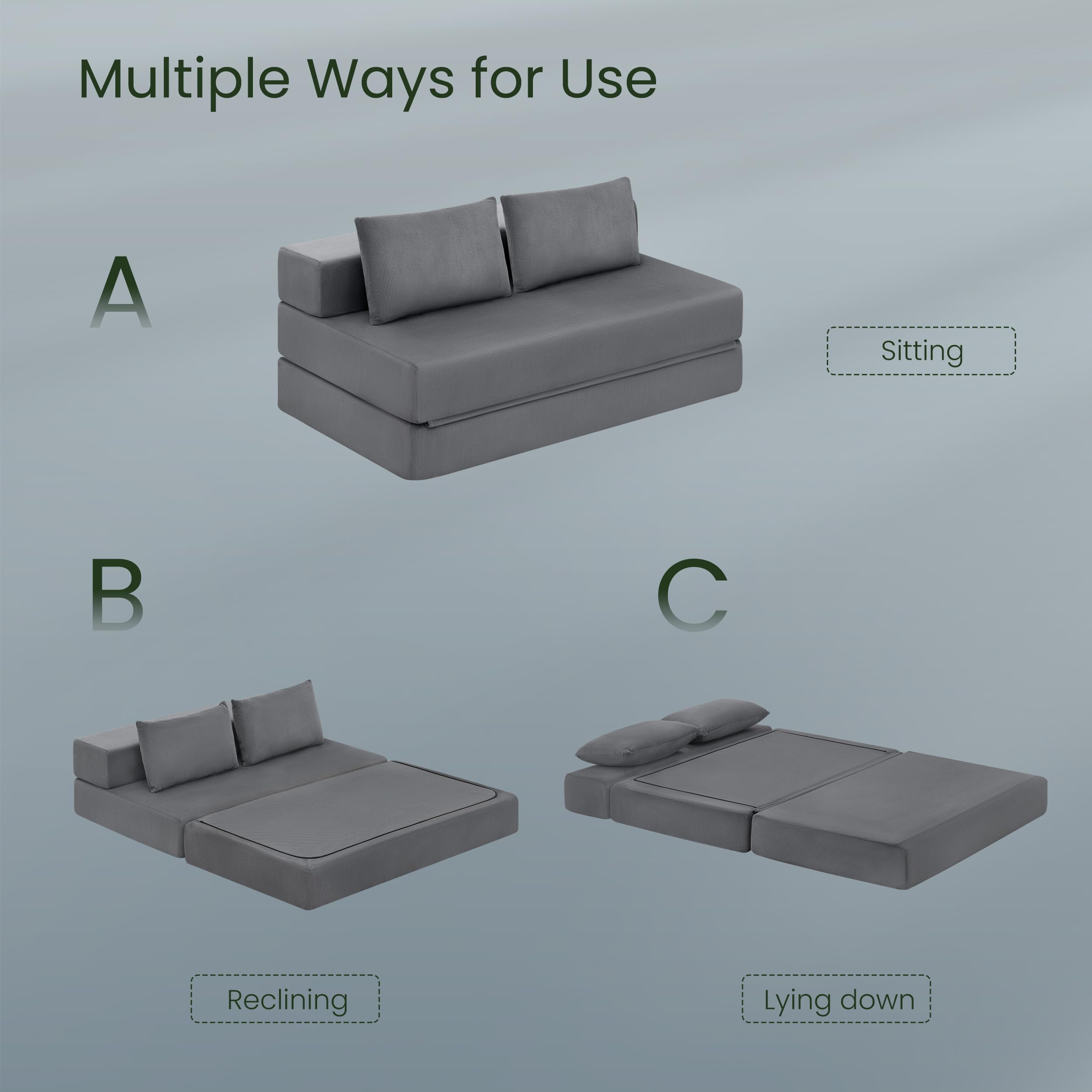 EUGAD Canapé Convertible 2 Places, Canapé Lit, Chauffeuse, Gris Foncé | Design Pliable, avec 2 Coussins, en Velours Côtelé, Mousse, pour Salon, Bureau, Appartement, 86P x 140l x 62H cm
