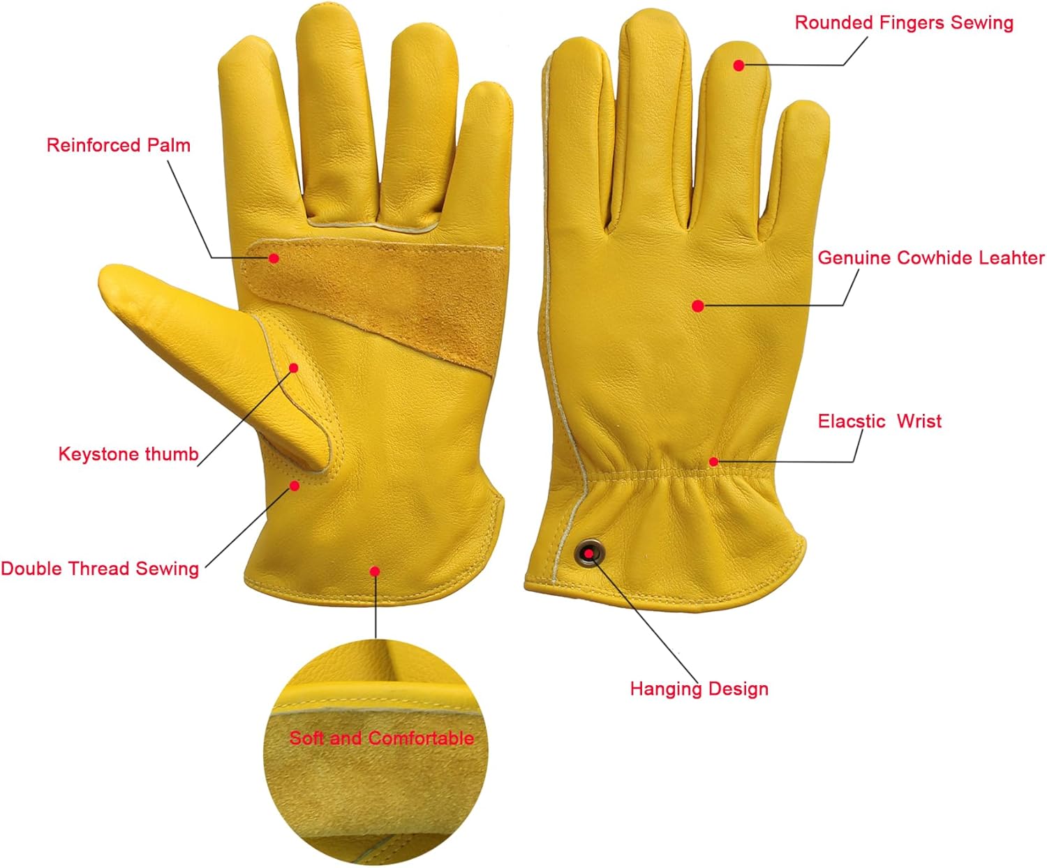 Cowhide Leather Work Gloves for Construction, Yardwork, Gardening with Reinforced Palm for Men & Women - Image 5