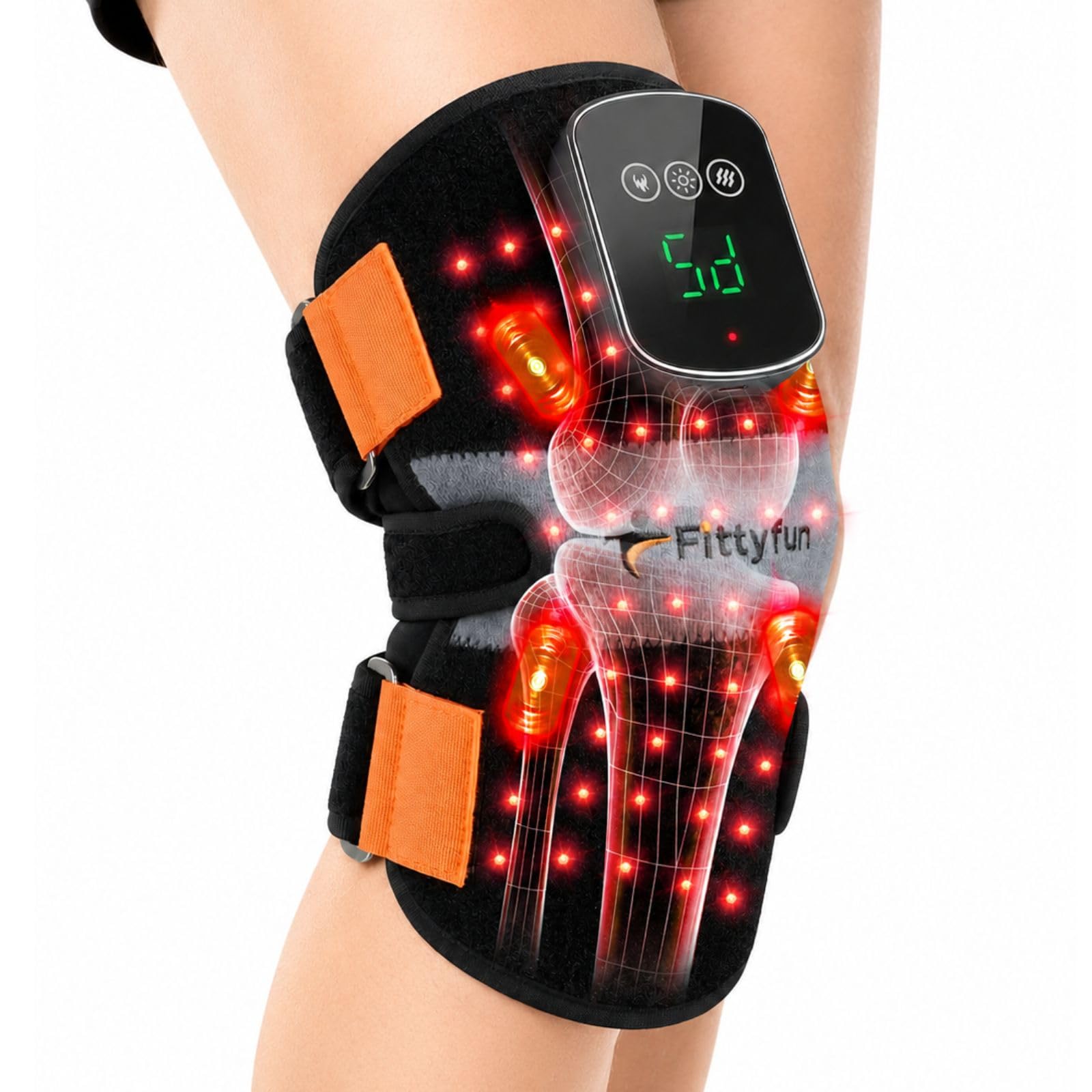 Rodillera de terapia de luz roja con calor y vibración, masajeador inalámbrico de 60 LED infrarrojo cercano con longitudes de onda dobles de 660 nm y 850 nm, envoltura de rodilla recargable