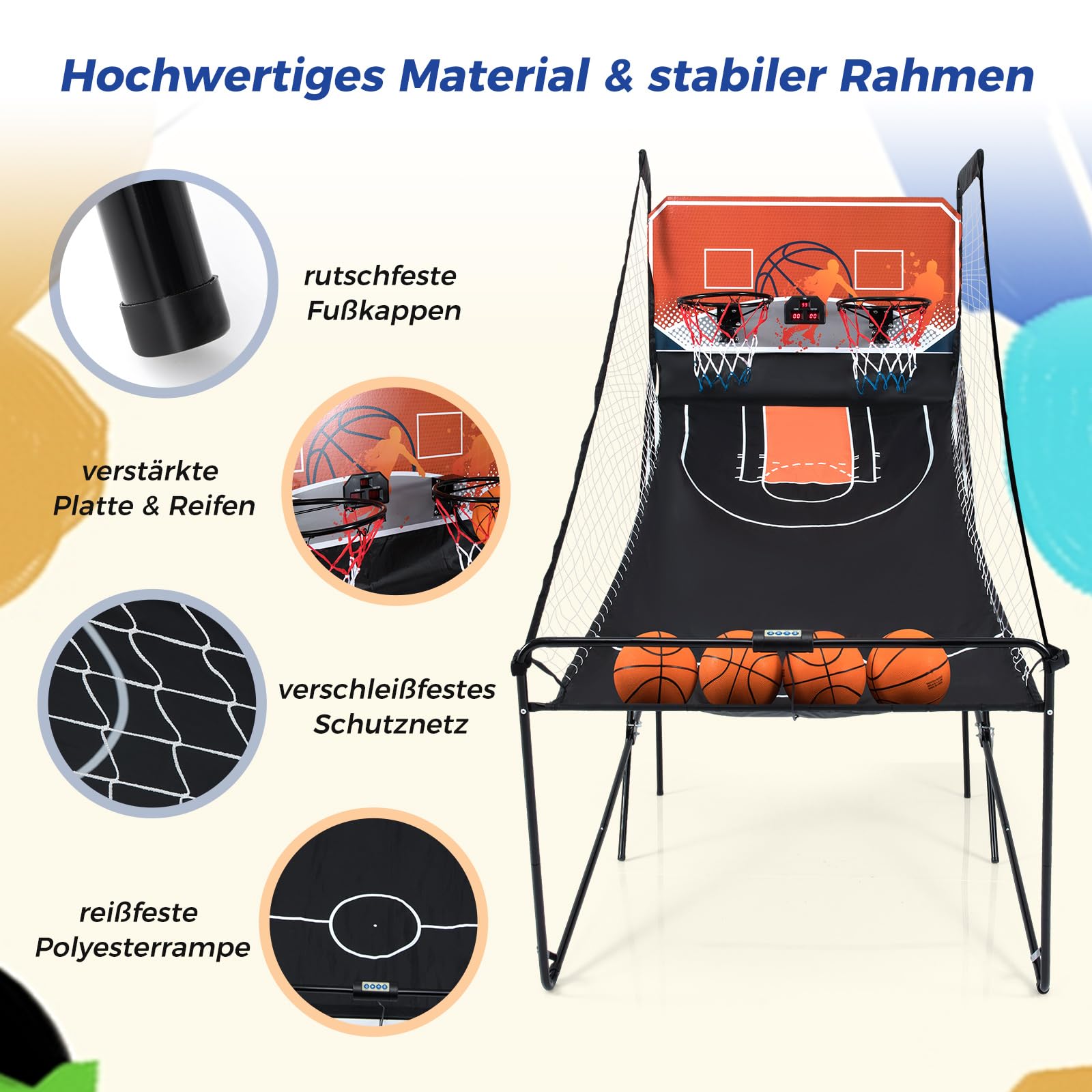 GYMAX Faltbares Basketballspiel für 2 Spieler, elektrischer Basketballautomat mit 4 Bällen, 8 Spielmodi, 2 Basketballkörben & Pumpe, Basketball-Wurfmaschine für Erwachsene & Kinder