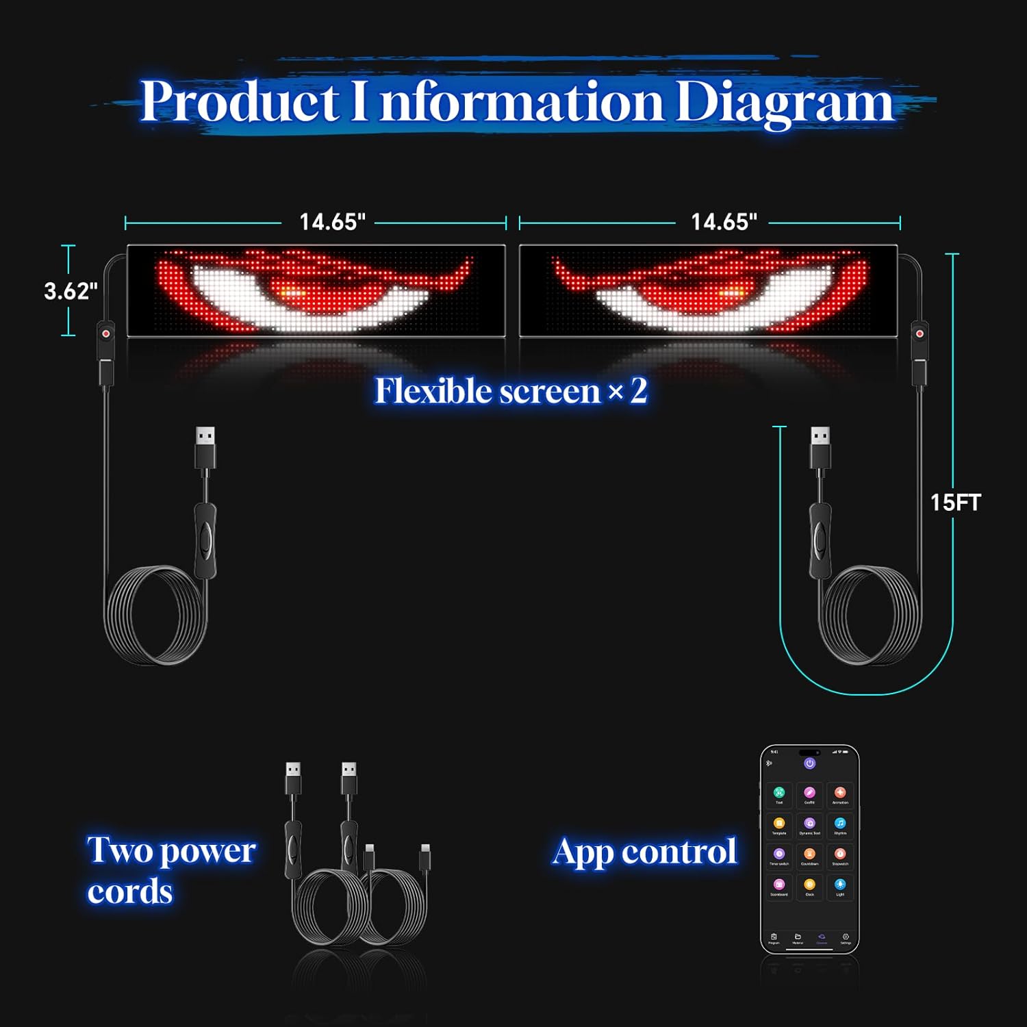 LED Sign for Car Devil's Eyes Light for Windshield APP Control Scrolling Display DIY Programmable Flexible USB 5V LED Name Sign for Window Ads 15 * 4in-2PCS NEMGOME