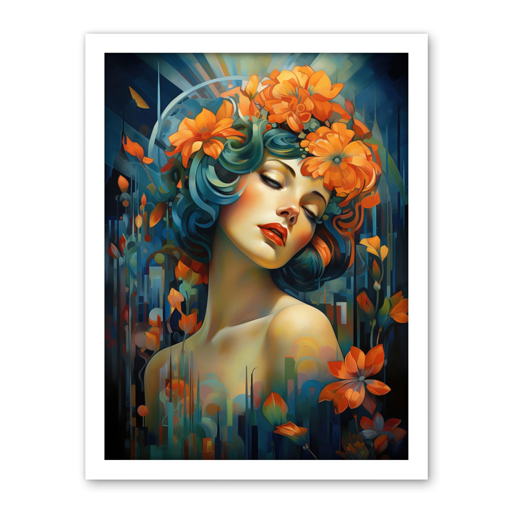 Artery8 Woman Portrait with Flowers Modern Art Deco Vibrant Artwork Orange Blue Floral Headband Artwork Framed Wall Art Print 18X24 Inch