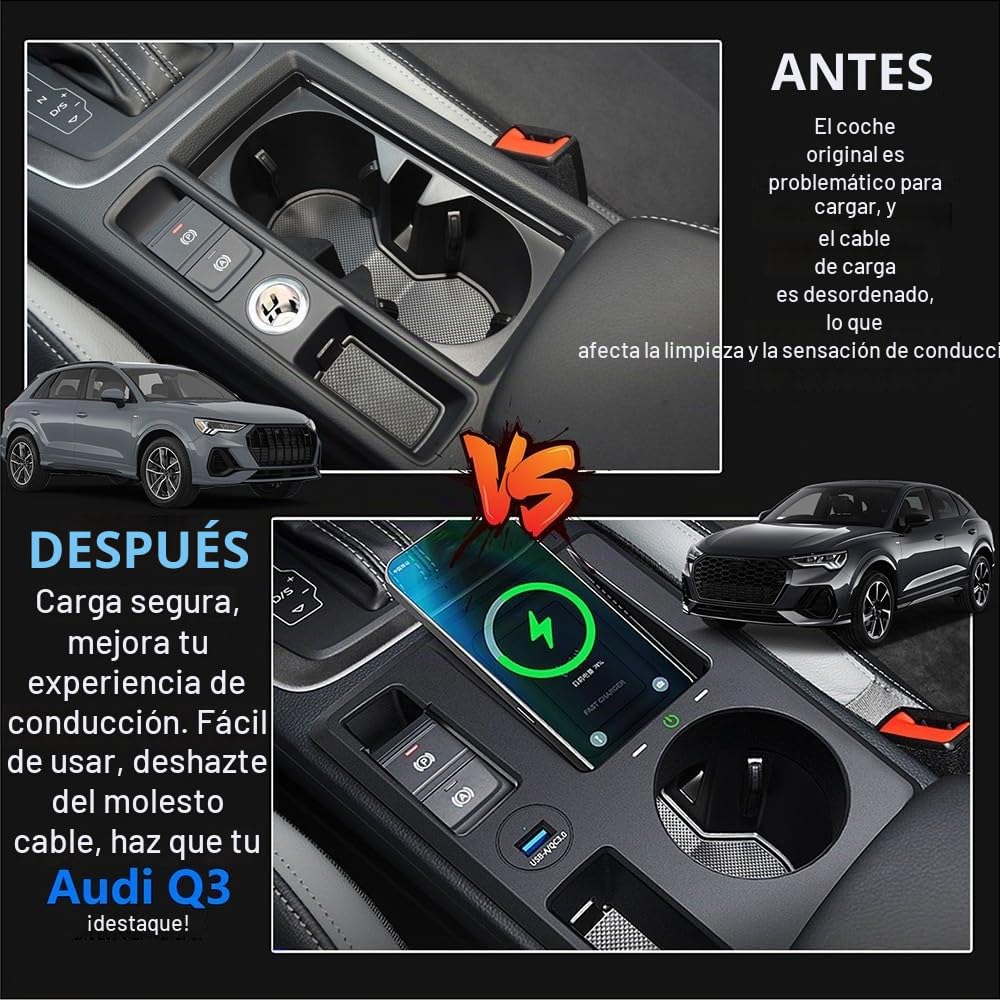 Cargador de Coche Inalámbrico para Audi Q3 Sportback RS Q3 2019-2024, Organizador de Consola Central Multifuncional con QC3.0 USB Carga Rápida Coche Teléfono Cargador para Audi Q3 Accesorios