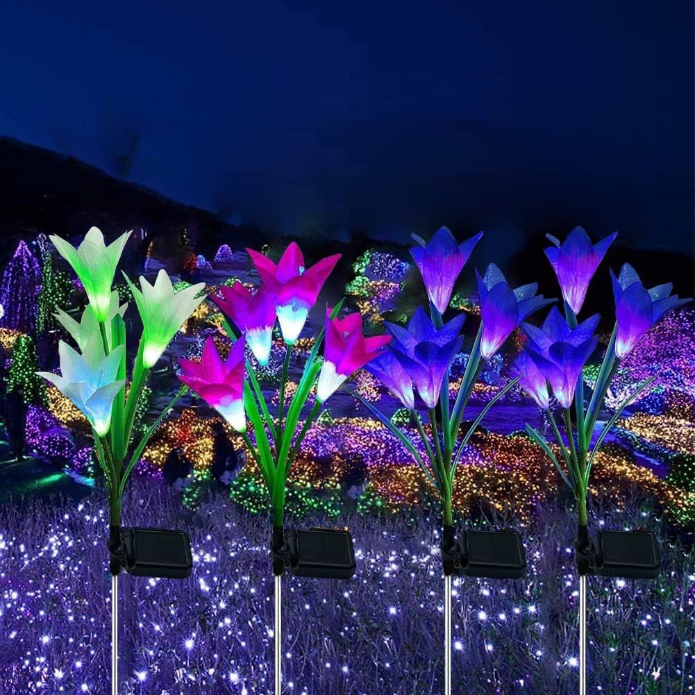SOLARBABY Solarlampen für Außen Garten,6 Stück Solarleuchten Gartendekoration mit Farbwechselnder LED-Lilie, IP65 Wasserdichte Solarblumenlampen für Garten Rasen Hof Außenbereich