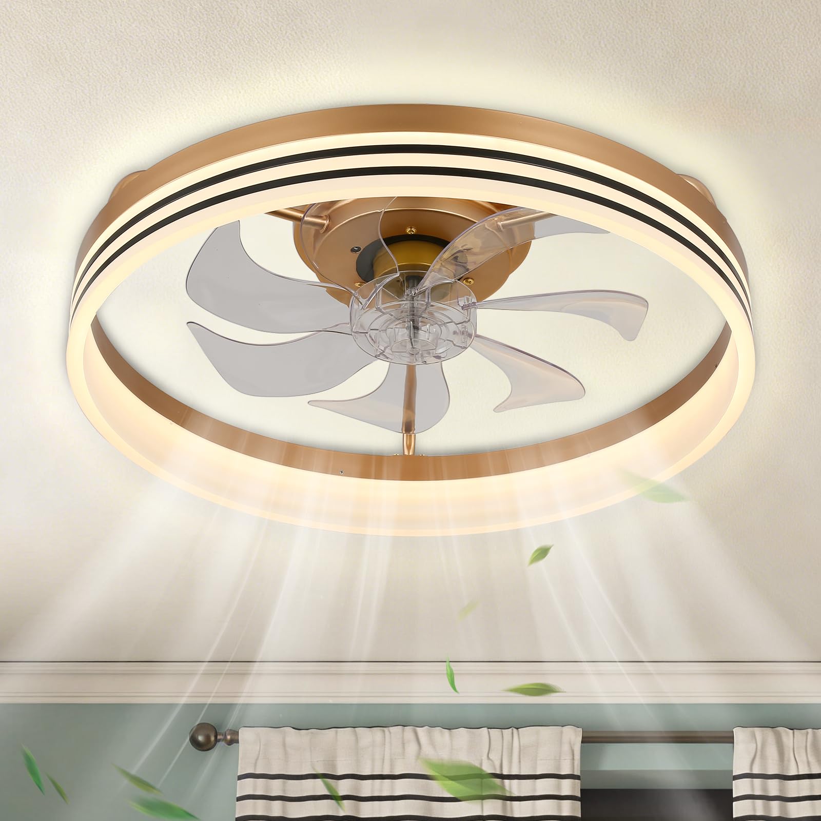 Modern Ceiling Fan With Dimmable Lights - Low Profile Flush Mount Fandelier Bladeless Chandelier for Bedroom, Kitchen and Living Room (50cm Gold)