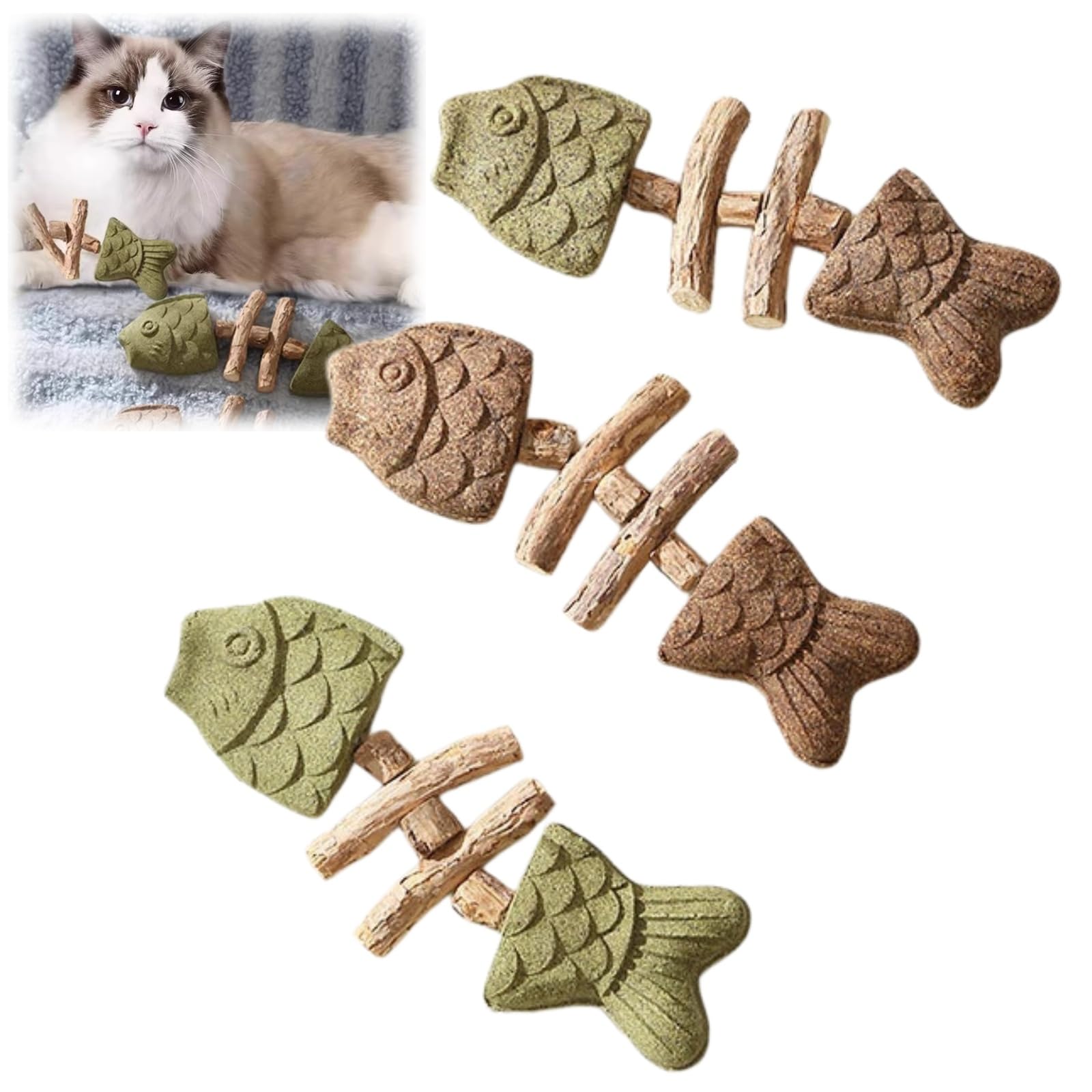 Xunzhi 3 Pack Catnip & Silvervine Chew Fish Toy,Interactive Cat Toy for Indoor Cats Adult,Natural Cat Teeth Cleaning Chew Toy,Fish Bone Shaped Catnip Toys for Cats