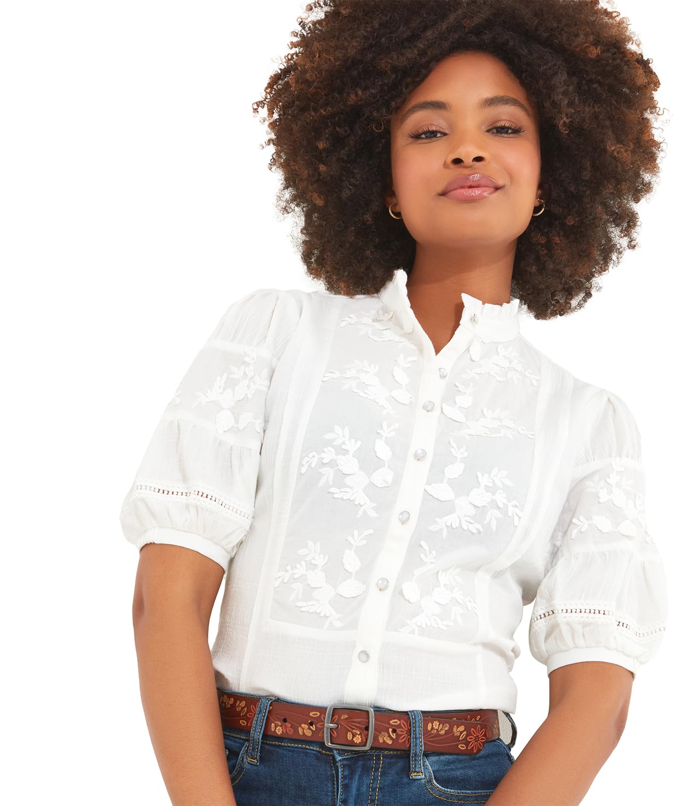 Joe Browns Women's White Frilly Neck Broderie Embroidered Blouse, 16
