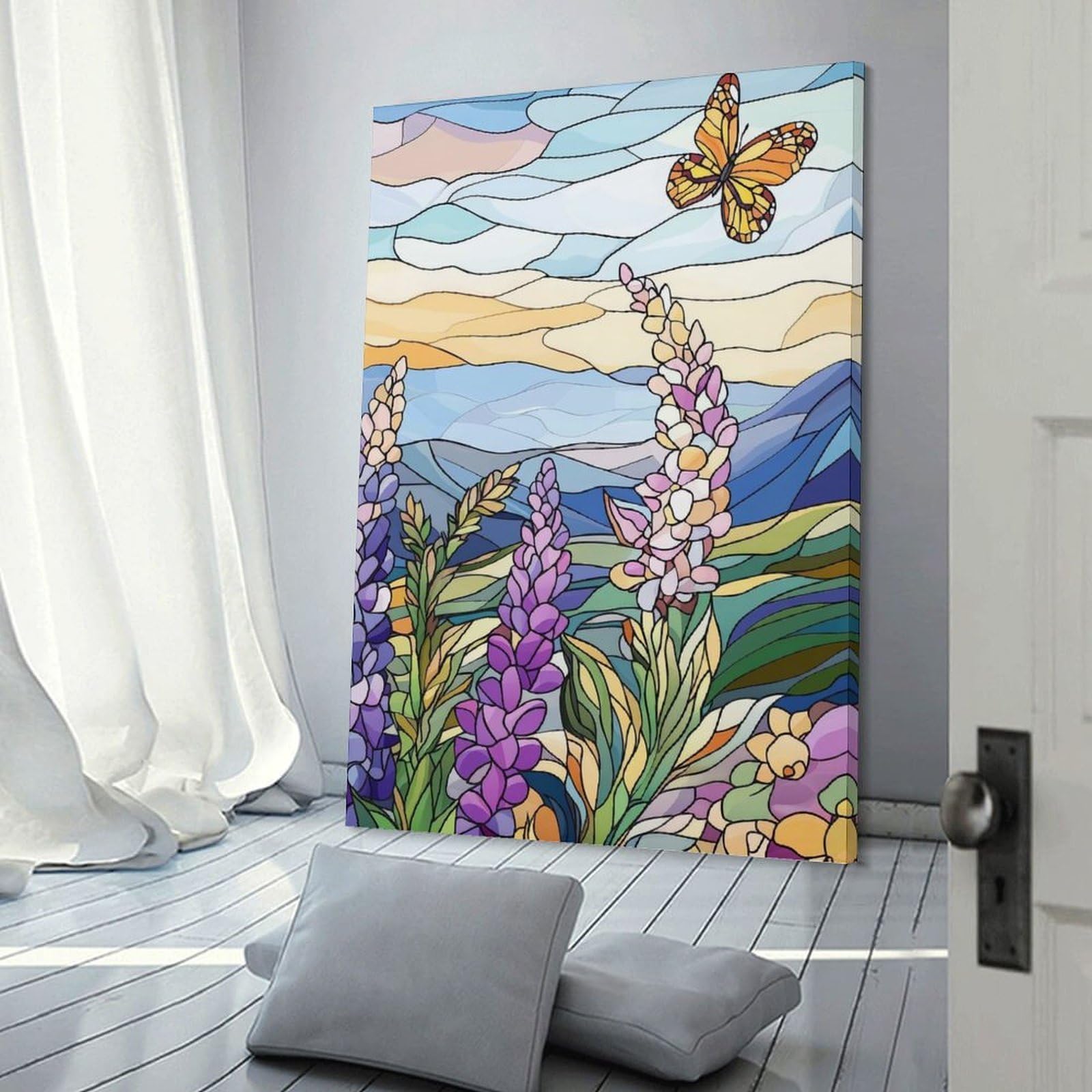 Junmoney Stained Glass Butterfly & Flowers Wall Art Print, 20x30inch(50x75cm), for Wall Displays, Bedrooms Or Room Updates, A Versatile Canvas Print for Layering