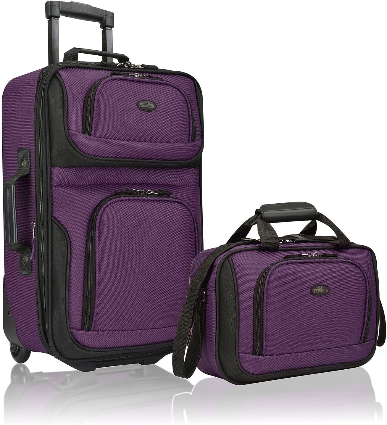 U.S. Traveler, Rio Rugged Fabric Expandable Upright Rolling Carry-on Luggage Set w/ Tote Bag, Purple, 2-Piece (21/14) Purple 2 Wheel Set