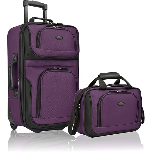 U.S. Traveler, Rio Rugged Fabric Expandable Upright Rolling Carry-on Luggage Set w/ Tote Bag, Purple, 2-Piece (21/14)