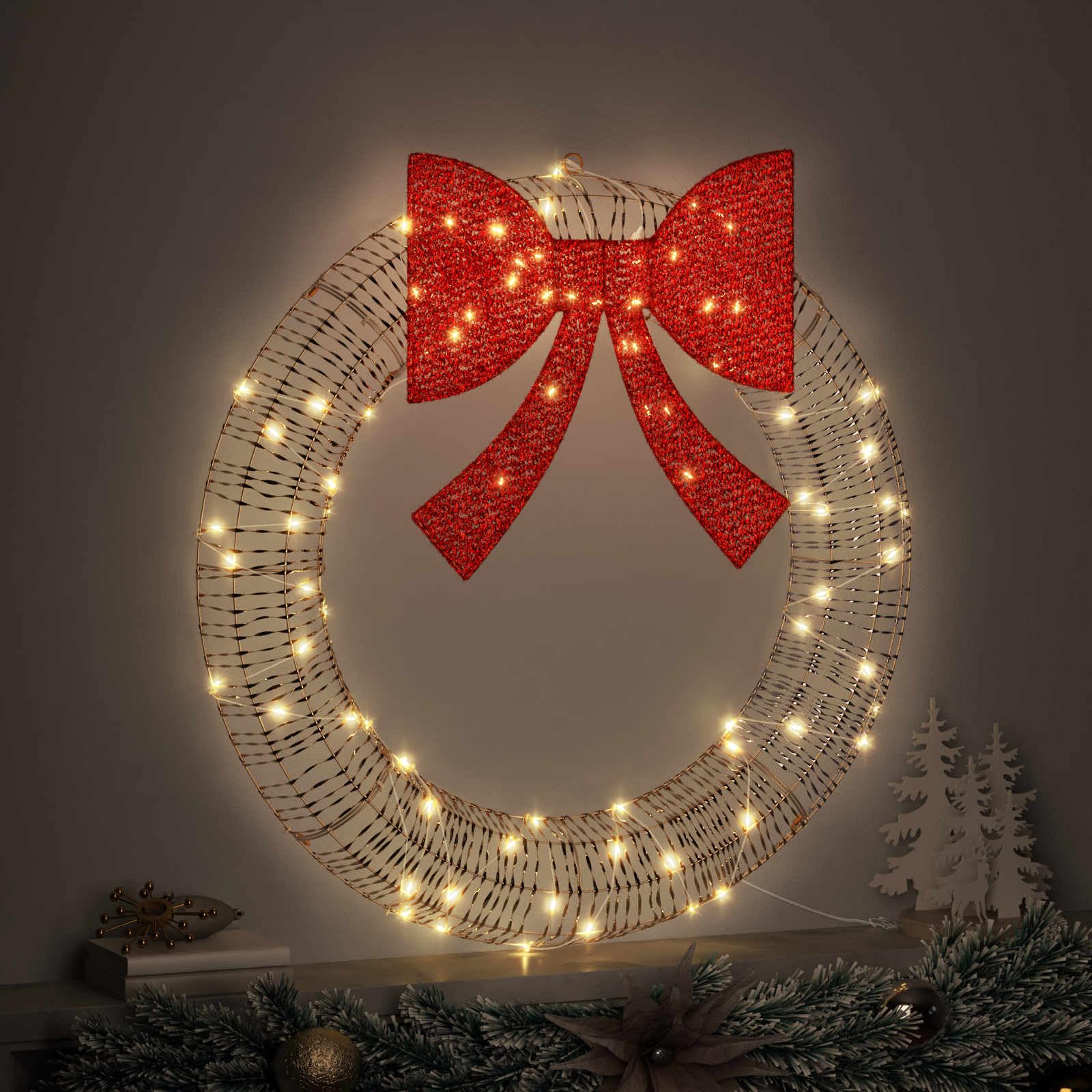 Couronne décoration Noël avec 60 LED Blanc Chaud 76 x 76 x 8 cm Pet, Guirlande Lumineuse USB, Ornement Suspendu pour intérieur extérieur, Ambiance Festive chaleureuse