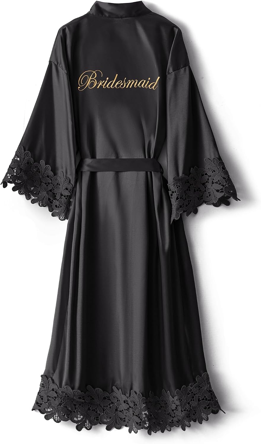 VOGUEMAX Womens Long Bride Bridesmaid Robe Lace Trim Sleepwear Getting Ready of Wedding Silky Kimono Robe