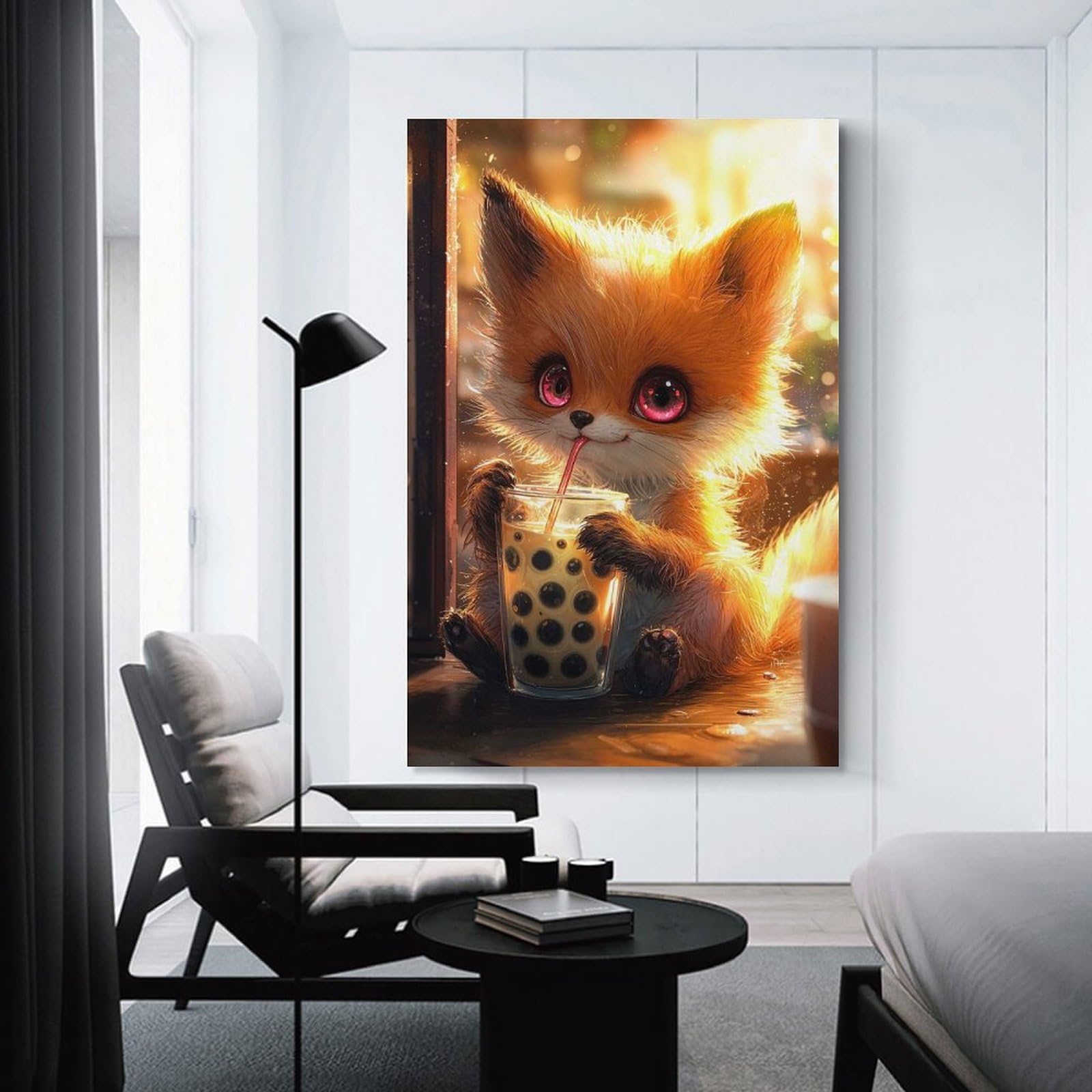 Junmoney Cute Fox Drinking Boba Tea Wall Picture Print 20x30inch(50x75cm), for Lounge Decor, Offices Or Entryway Styling, A Flexible Wall Accent for Shared Spaces