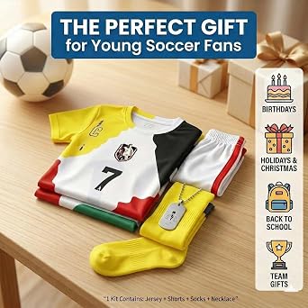 Kids Soccer Jersey Boys Youth Uniform Set - 4pc Soccer Kit with Jersey, Shorts, Socks & #7 Necklace for Ages 6-14