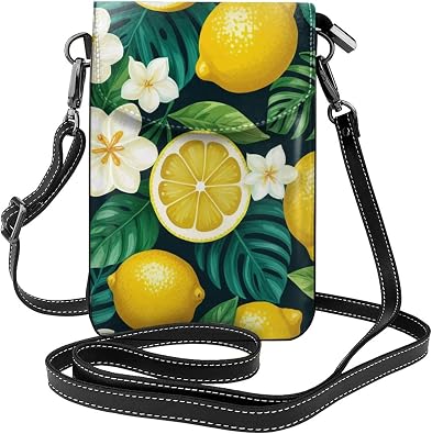 Small Crossbody Bags for Women,Leather Shoulder Bag for Cell Phone Purse with Strap and Fresh Tropical Lemons Printed, Black