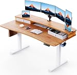 HUANUO 55″ x 26″ Bureau électrique avec 2 Tiroirs, Support de pince en C compatible, Bureau d'ordinateur réglable en hauteur, Bureau de réception 4 Hauteurs prédéfinies & 2 Crochets, blancs