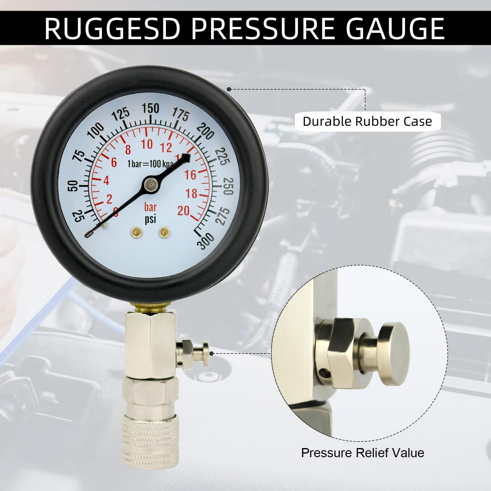 OUKENS Probador de presión de compresión de cilindros, probador de fugas de cilindros Kit de detector de fugas de compresión con manómetro doble 0-7bar/0-100psi