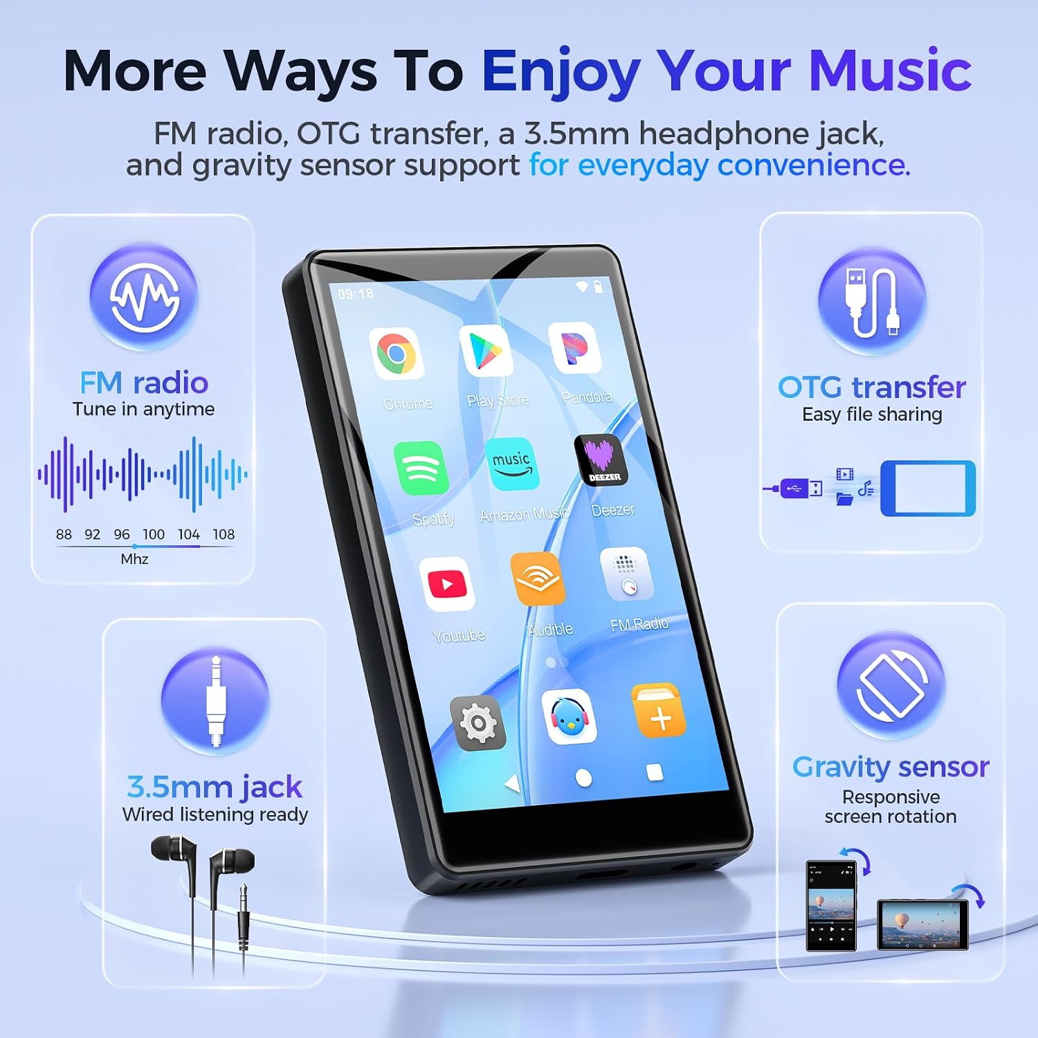 MP3 Player with Bluetooth and WiFi, Android 14 Spotify Music Player for Amazon Music,Pandora, Audible. 4.02" Touchscreen,Speaker,16GB Memory,Supports Play Store,Up to 512GB
