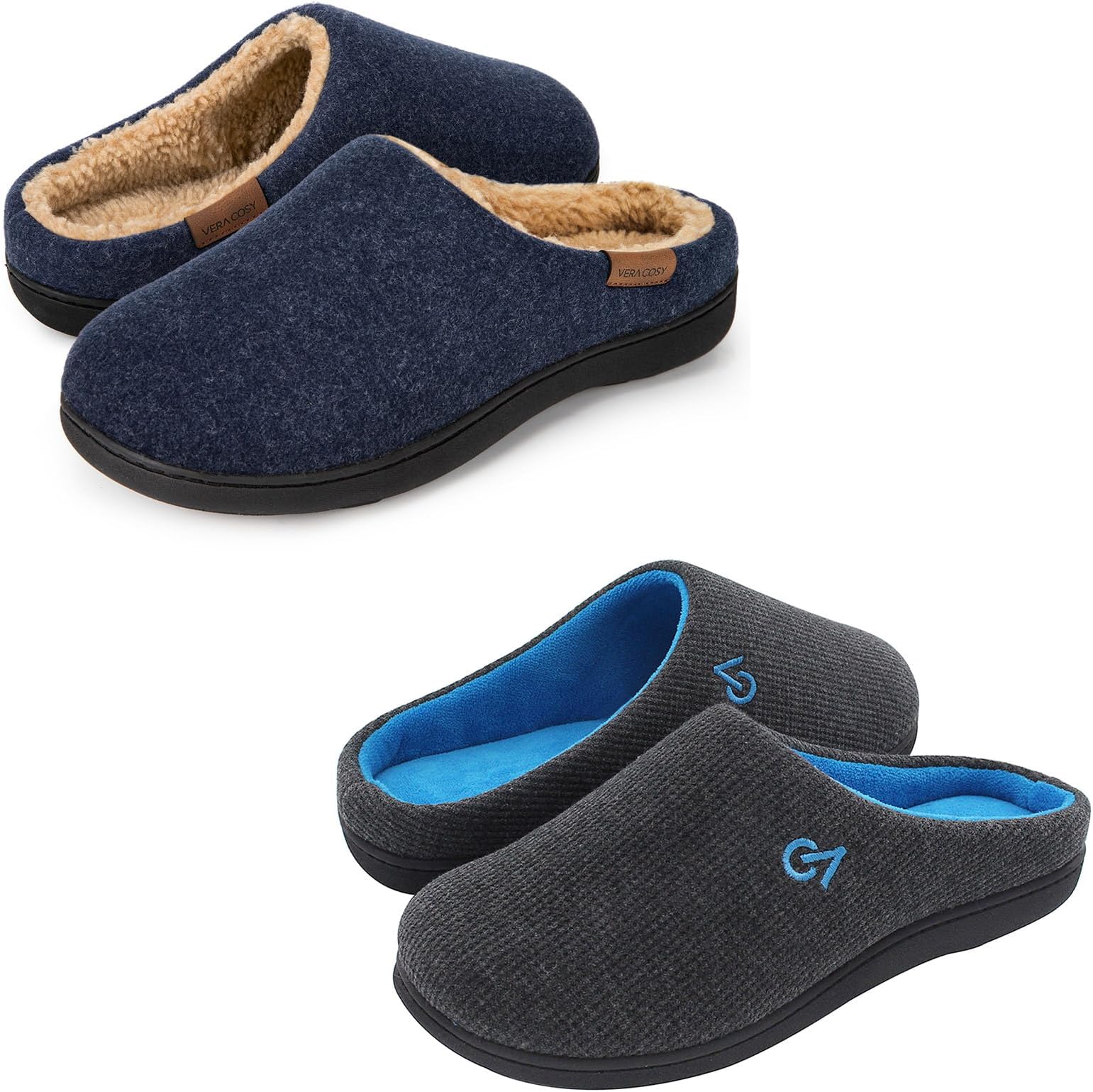 VeraCosyMen's Set of 2 Pairs-Two Tone Memory Foam Slippers(Size 10.5, Dark Gray/Blue)-Fuzzy Faux Sherpa Memory Foam Slippers(Size 10.5, Dark Indigo Blue)