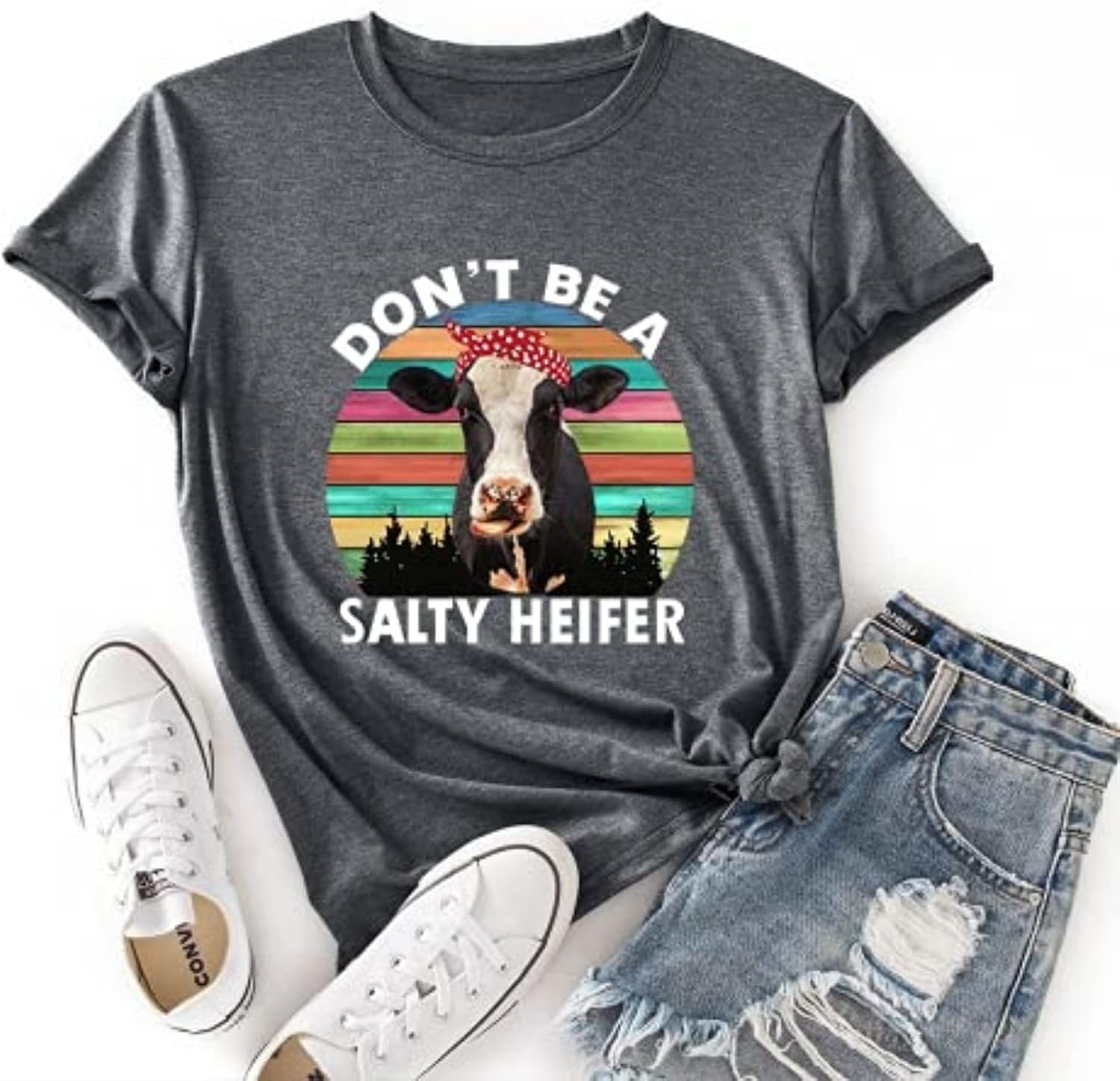 Noffish Women Don't Be A Salty Heifer T-Shirt Loose Popular Short Sleeve Funny Cow Shirt