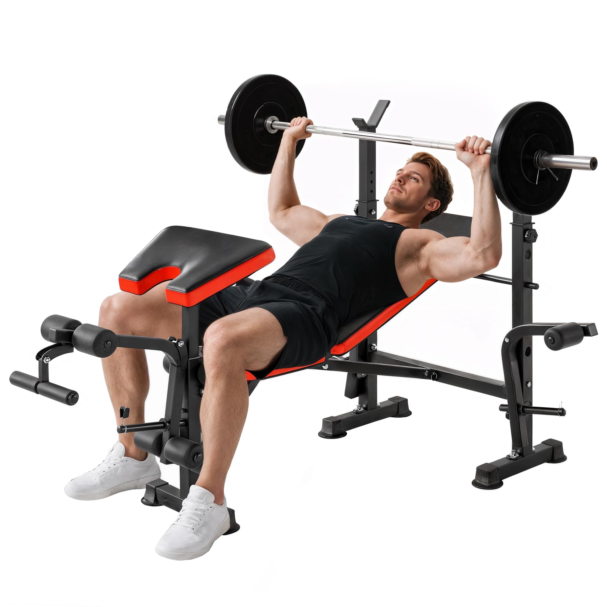 HOMCOM Banco de Pesas Multifuncional Banco de Musculación con Respaldo Ajustable Soporte de Barras Extensión de Piernas Almohadilla de Predicador Mariposa Entrenamiento en Gimnasio Oficina Negro