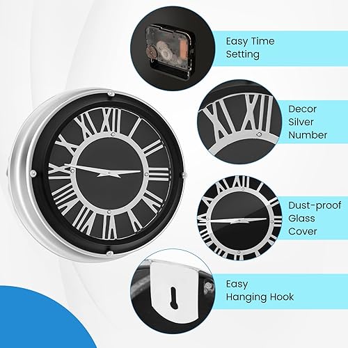 Miniatura 5 de Goplus Reloj de pared silencioso, reloj moderno sin tictac con números romanos y marco de aluminio plateado, fácil de leer, relojes de pared grandes