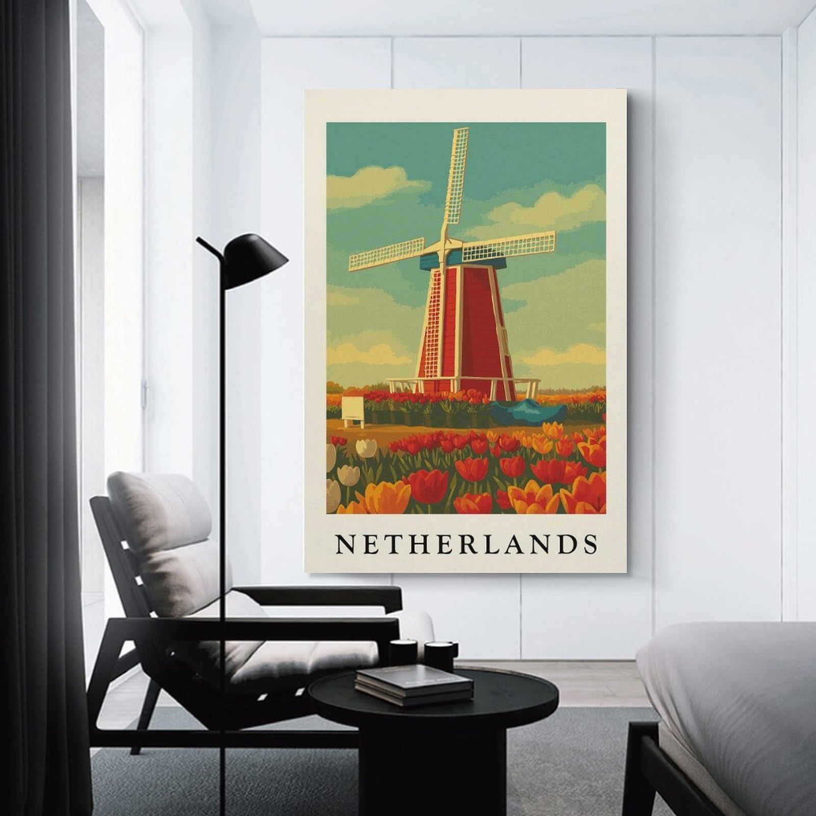 Junmoney Netherlands Windmill And Tulips Art Print Room Decor Wall Art 24x36inch(60x90cm), for Bedroom Walls, Guest Spaces Or Lounges, An Easy Wall Refresh for Bedrooms