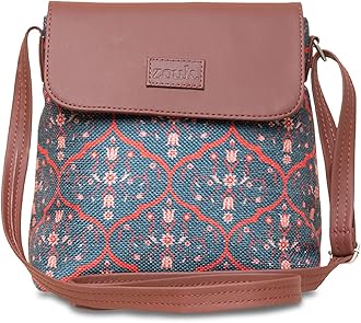 ZOUK Seesh Mahal Jaali Motif Printed Women's Hand Crafted Vegan Leather Space Blue Flap Sling Bag