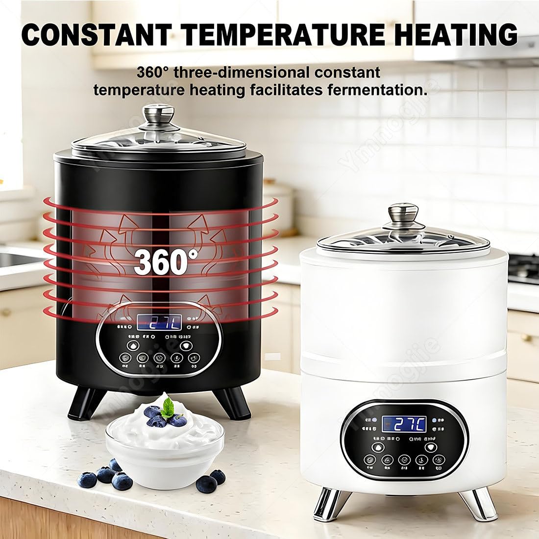 Máquina Fermentación Yogur Comercial,Máquina Yogur Eléctrica Portátil,con Recipiente Interior Acero Inoxidable,Fermentación Temperatura Constante 360° para Yogurs Grandes,Natto 12L-White