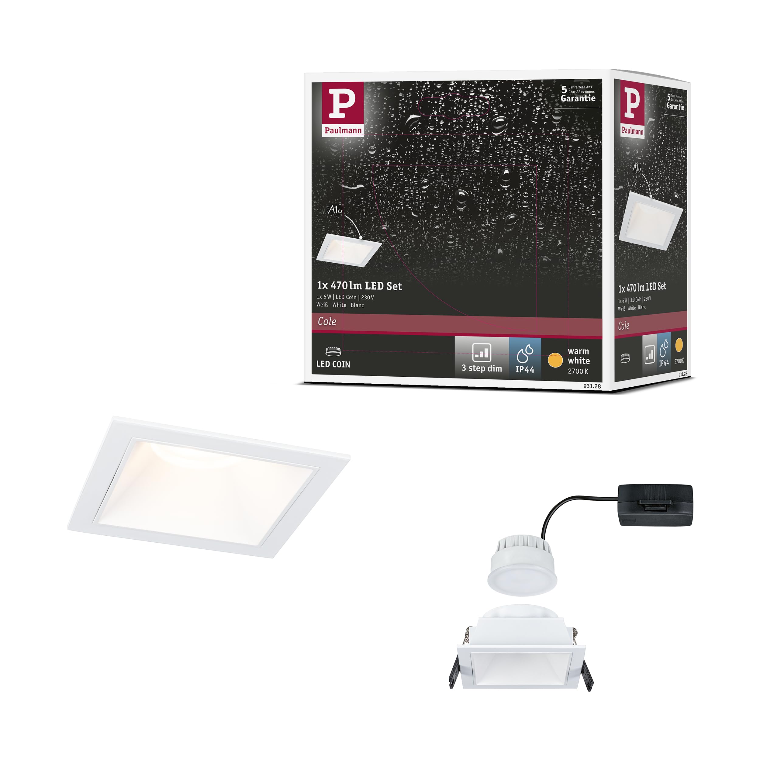 Paulmann 93128 LED recessed luminaire 3-Step dimming Cole IP44 Rectangular 88x88mm Coin 6W 470lm 230V 2700K White