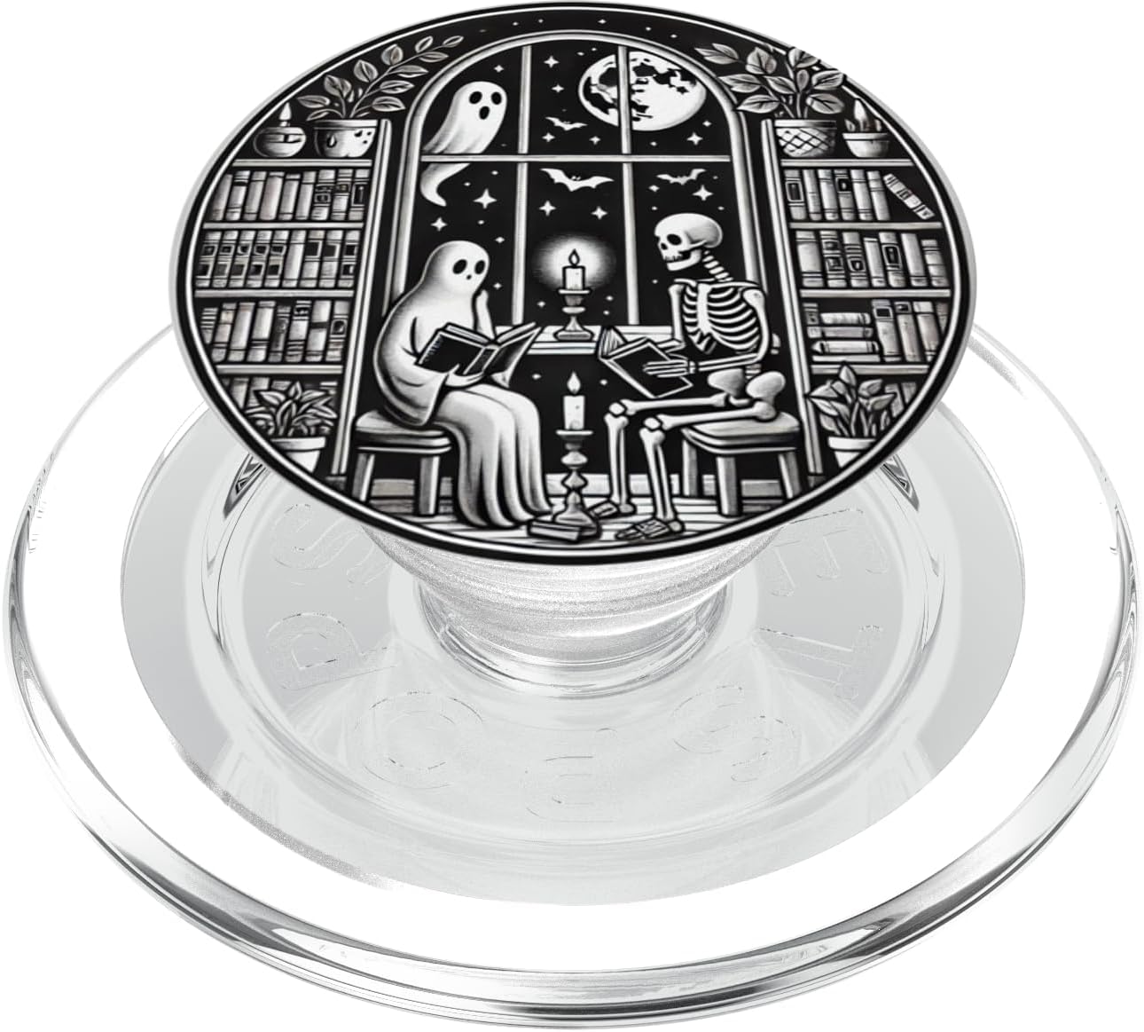 Retro Spooky Bookish Halloween Skeleton Ghost Bookworm Gifts PopSockets PopWallet for MagSafe