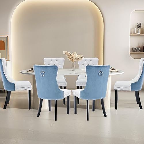 Miniatura 110 de Juego de 6 Sillas de Comedor Tapizadas en Terciopelo, Sillas Laterales de Cocina de Estilo Moderno con Ribete de Tachuelas y Patas de Madera, Anillo