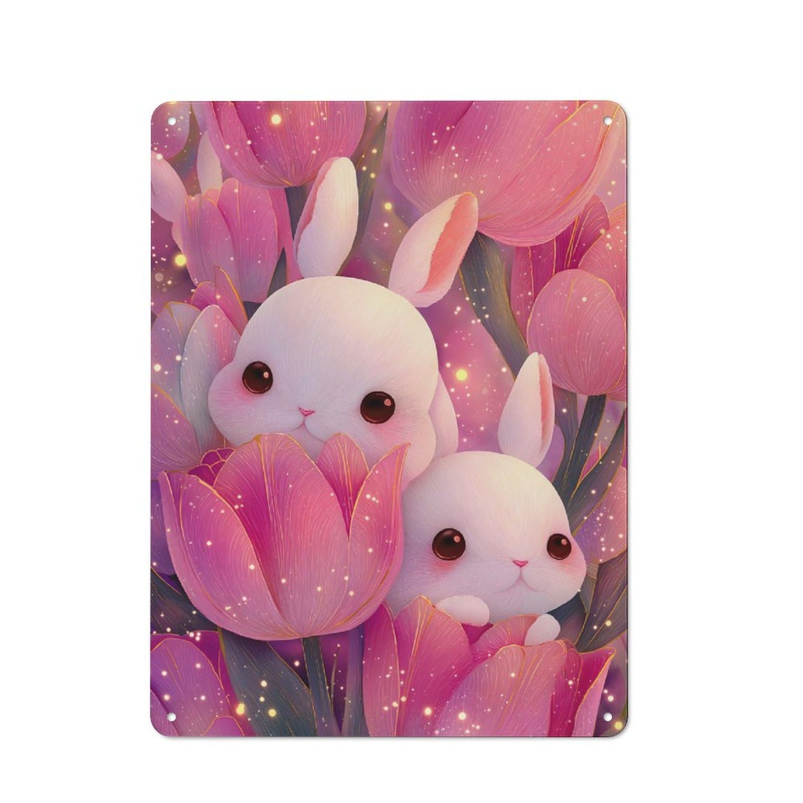 Junmoney Style-6 Decorative Metal Plaque With Bunnies In Tulips Design 40X30cm, Casual Utility Space Decor For Patio Bar, Workshop, Shed Or Kitchen
