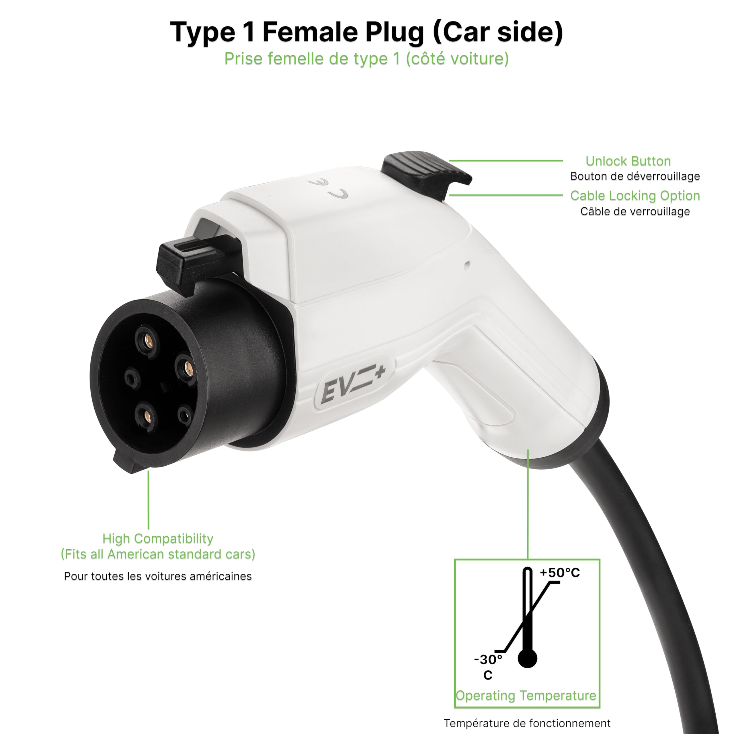 EV + Cable de carga para vehículo eléctrico - Tipo 1 a Tipo 2 de 3 metros PHEV Cable de carga - 1 fase 32A (7,2 kW) Negro en espiral - Bolsa de transporte gratis CE IP55