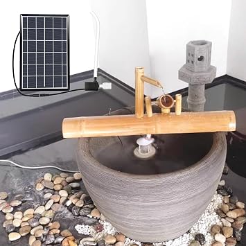 Natural Bamboo Fountain, Outdoor Water Fountains Solar Powered, with Solar Panel, Water Filter, Water Tube, Water Fountain Pump Kit, for Bird Bath, Garden, Pond, Outdoor,90cm/35
