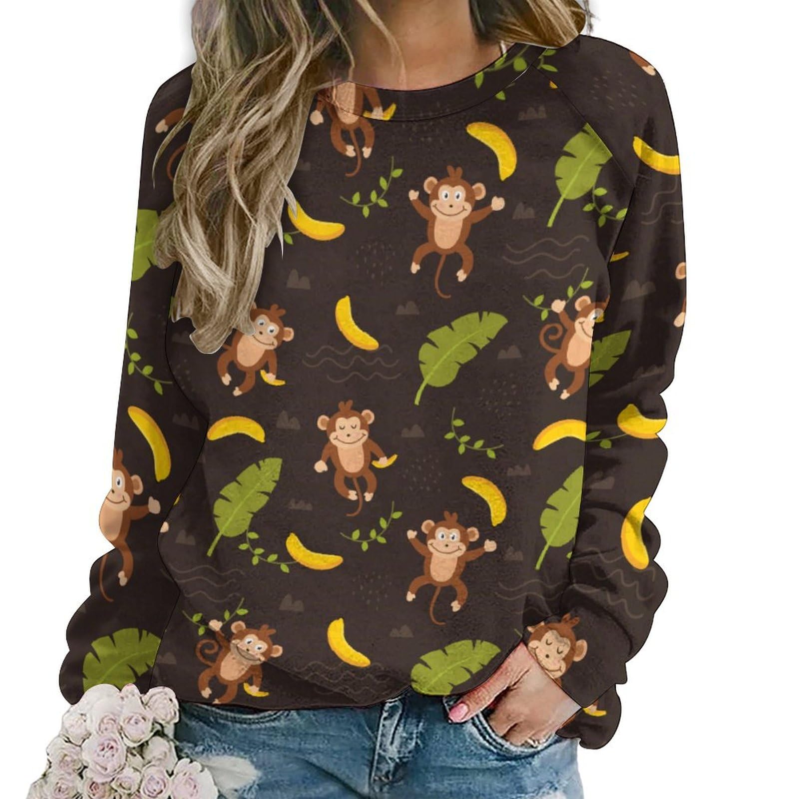 Cute Monkey and Banana Leaf Pattern Womens Casual Raglan Round Neck Sweater Soft Long Sleeve Knit Sweat Shirts