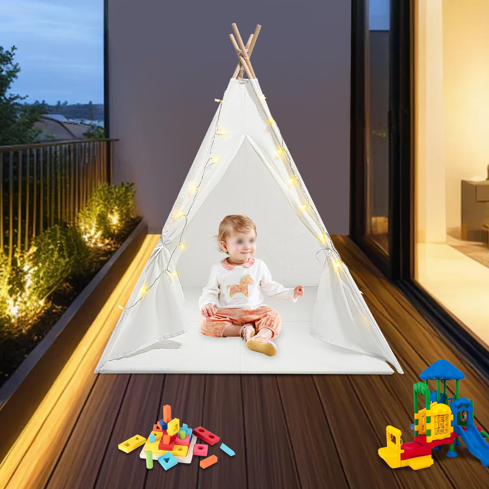 Namiot Tipi dla dzieci 120 x 120 x 140 cm – namiot dziecięcy z bawełny z matą, łańcuchem świetlnym i świecącą gwiazdą, składany namiot do zabawy wewnątrz i na zewnątrz (biały)