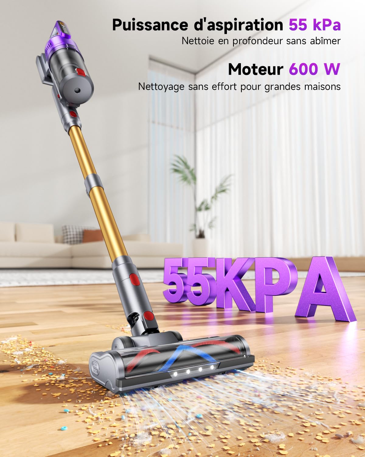 Aspirateur Balai sans Fil 680W/55KPA 75 Minutes Autonomie, Aspirateur sans Fil Puissant avec Écran Intelligent aspirateur Balai Puissant pour Les Poils d'animaux/Tapis/Sols Durs, 2026 Dernier Modèle