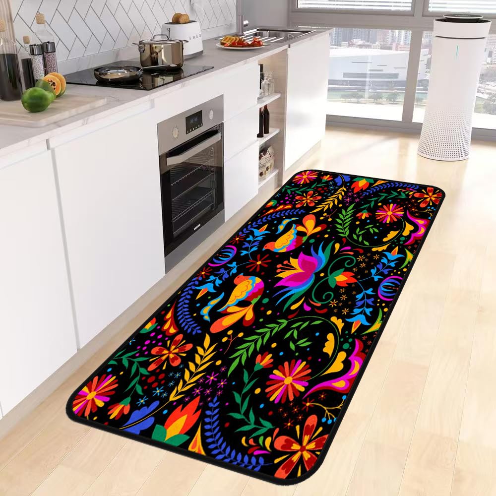 Floral Mexican Birds Kitchen Rug,Kitchen Runner Rug Non Slip Washable Standing Desk Mat Laundry Room Runner Rug Area Rugs for Floor Bathroom,Hallway,