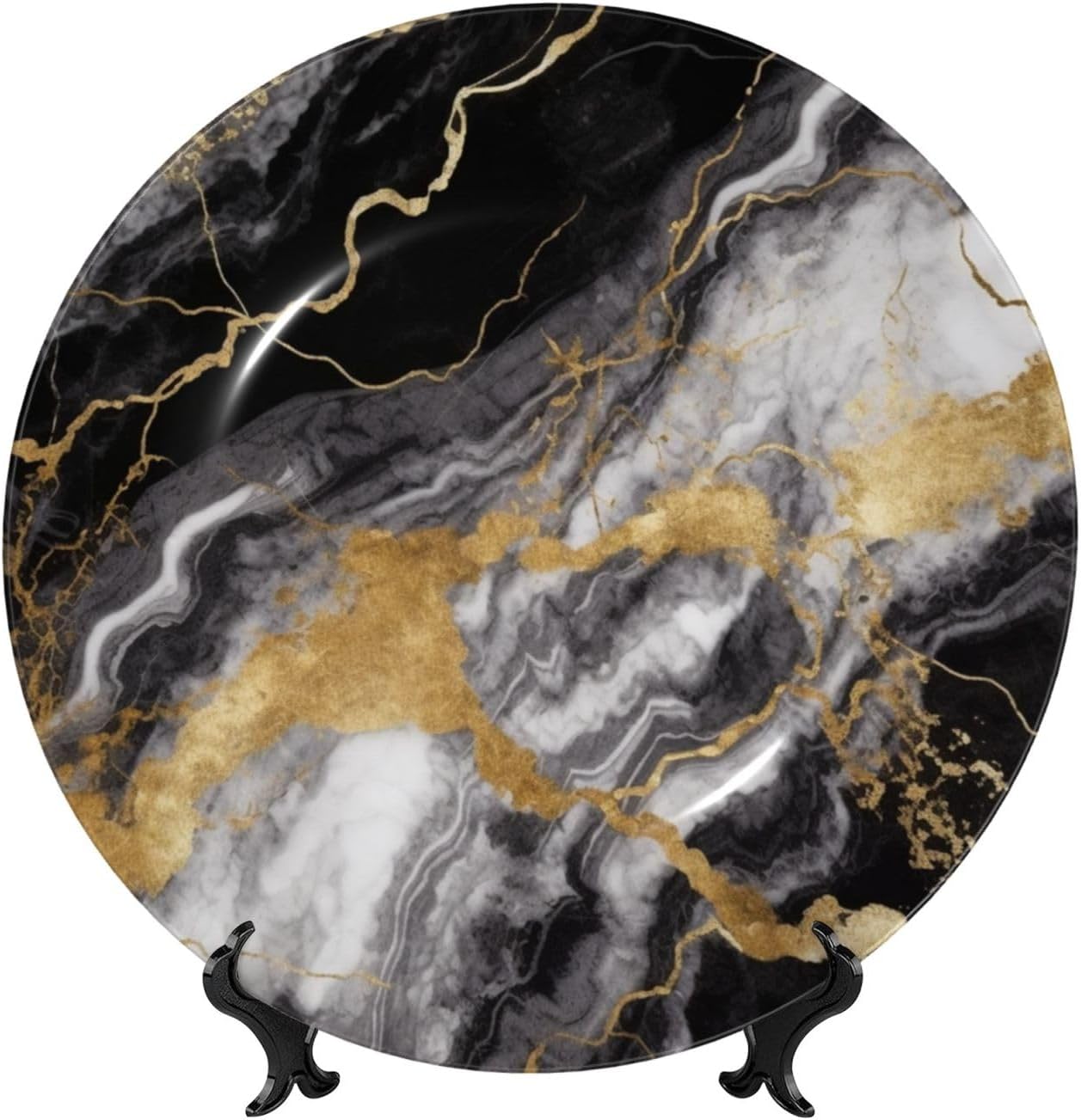 10in Bone China Decorative Plate Art Ceramic Decorative Plate With Display Stand Black White Gold Foil Marble Handmade Ceramic Ornament For Home Office Wall Decor