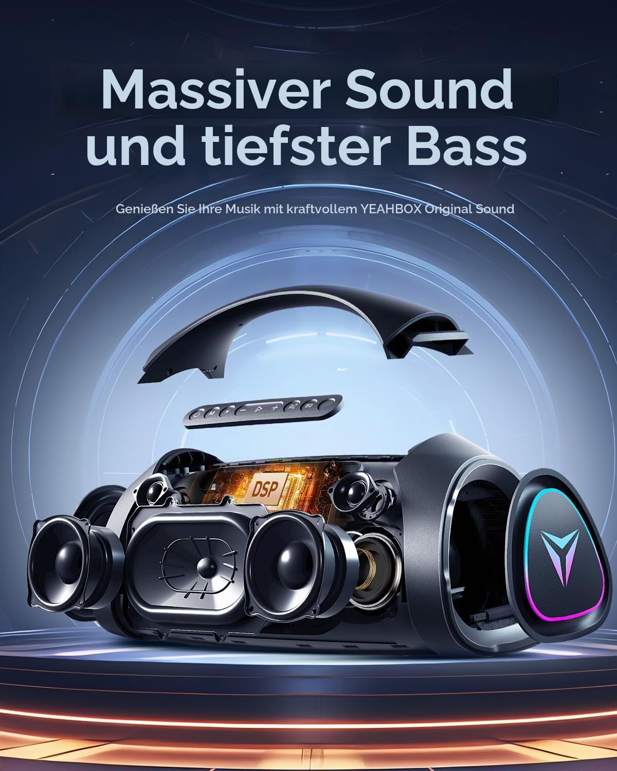 YEAHBOX Sonic Boom Max 300W Bluetooth Lautsprecher mit Massivem Bass, IPX67 Wasserdichter Tragbarer Lautsprecher mit Subwoofer/Equalizer/5 Playern/BT 5.3/Schnellladung, Außenlautsprecher