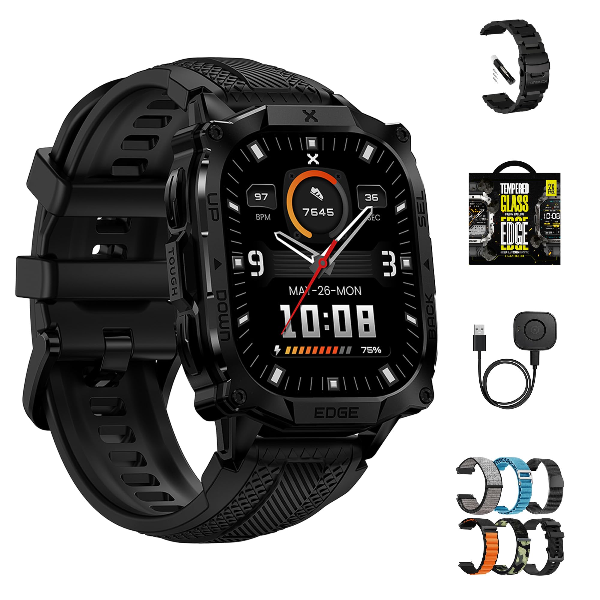 CARBINOX Edge Smart Watch Rugged, 1.96″ AMOLED, Stainless Steel, IP69K/5ATM Fitness trackers, Dual-Band GNSS, 500mAh, Bluetooth Calls, Smart Watch for