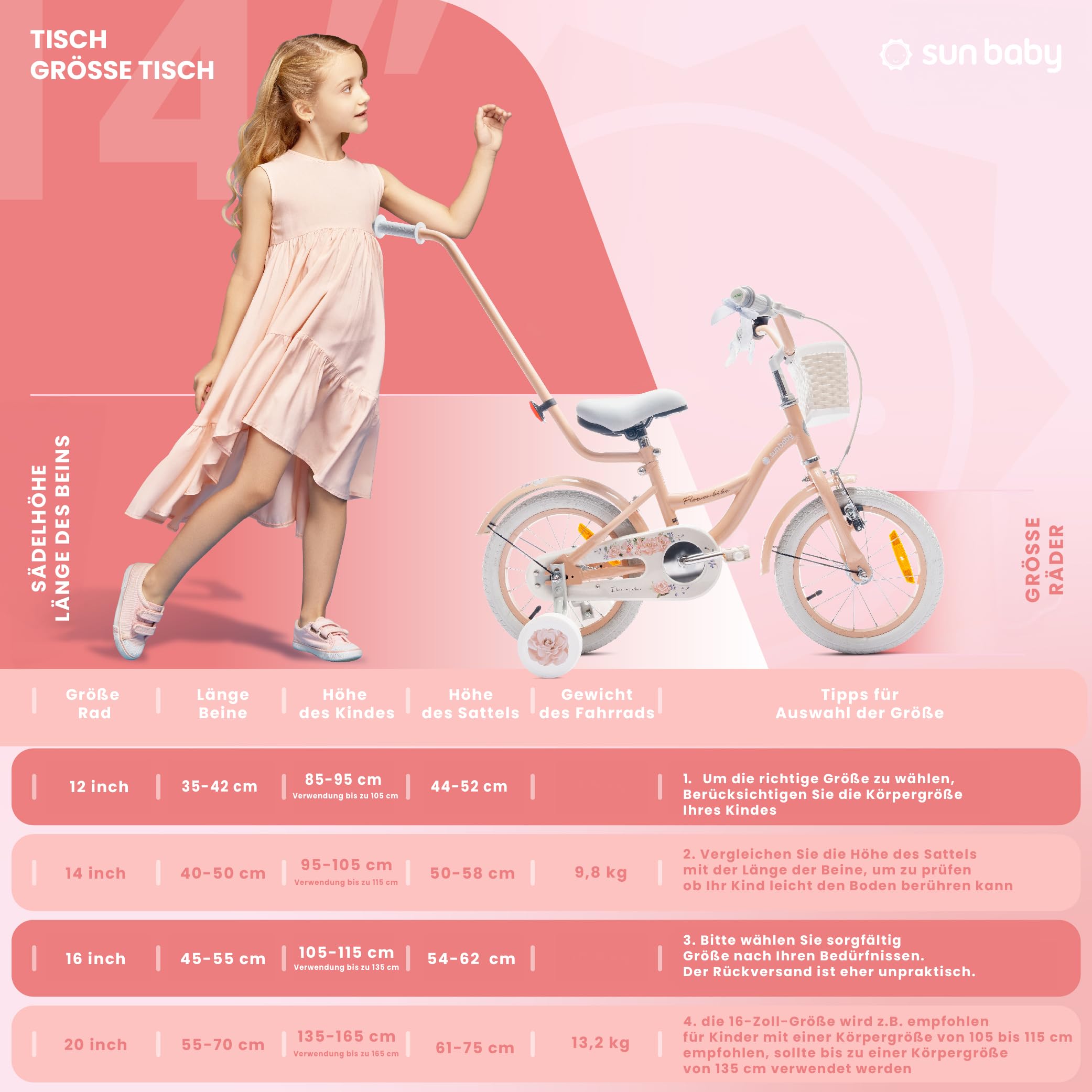 sun baby Flower Bike Kinderfahrrad Mädchen 12/14/16 Zoll, mit Stützrädern, Abnehmbarer Schubstange, Korb, Klingel, Rücktrittbremse & V-Brake, für Kinder ab 2 Jahre